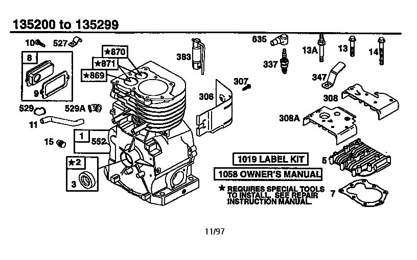 Cylinder Assembly Diagram and Parts List for 135200-135299 0001-0013 Briggs and Stratton Engine